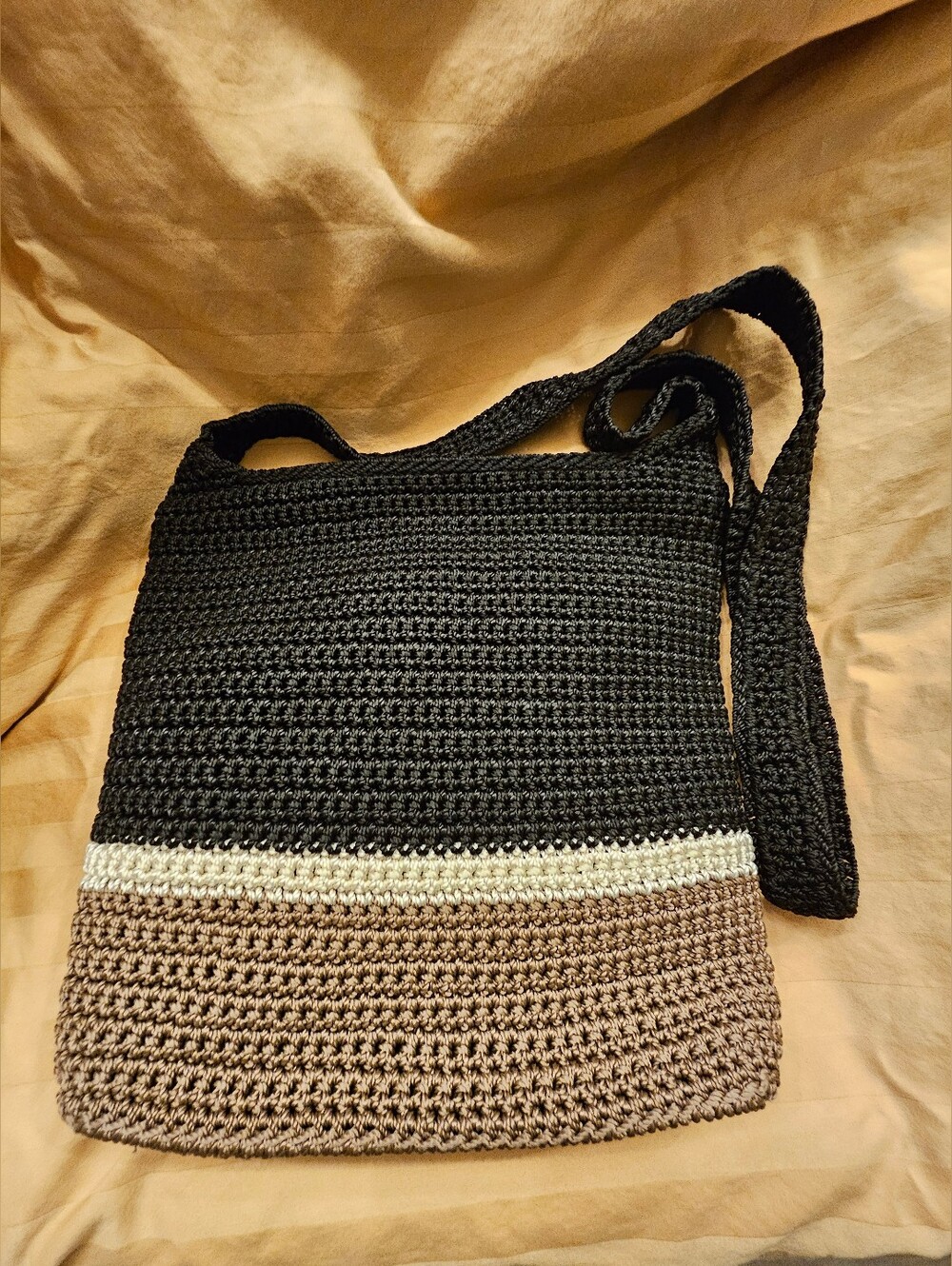 SAK-Handwoven Crochet Crossbody Bag in Black and Taupe with Cream Detail